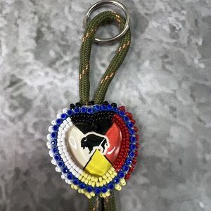 Handmade Native American Style Beaded Buffalo Keychain - Red White Blue Bull Tie